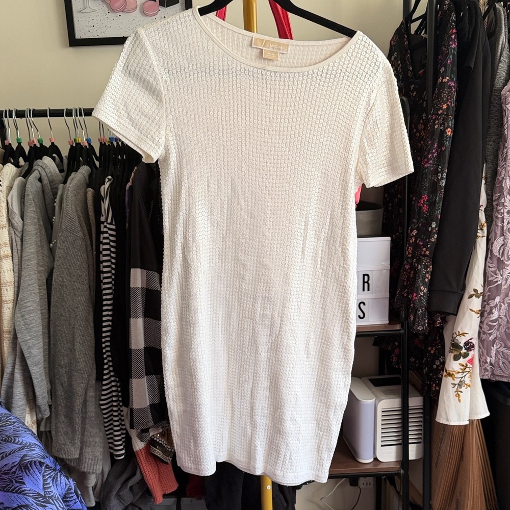 MICHAEL Michael Kors Cream white sequin Short Sleeve mini dress size PM - Picture 2 of 6
